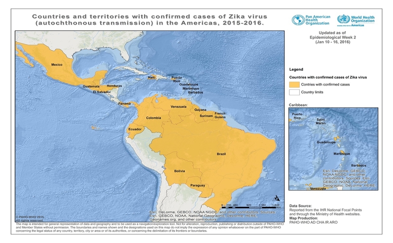 Countries and territories with confirmed cases of Zika virus in the Americas, 2015-2016. Source: PAHO.org