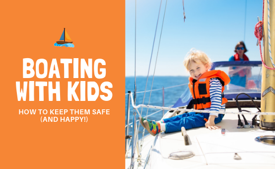 boy wearing a life jacket sitting on a sailboat while mom looks on