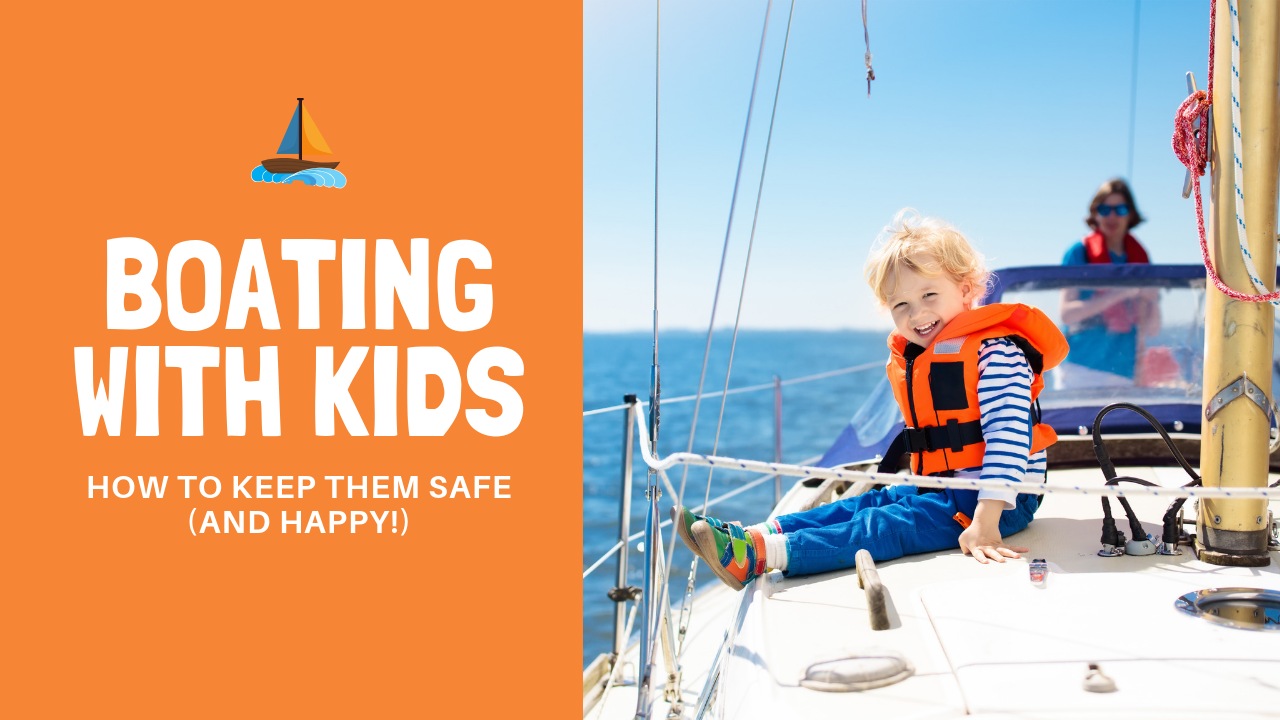 boy wearing a life jacket sitting on a sailboat while mom looks on