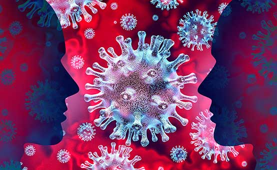 stylized microscopic view of novel coronavirus COVID-19