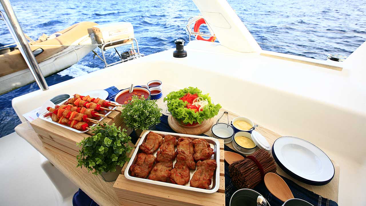 lunch at sea on a catamaran sailboat