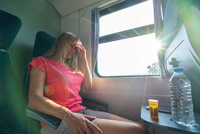 woman experiencing motion sickness on a train