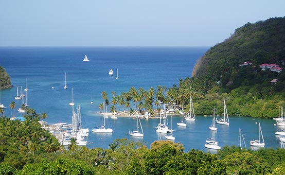 sailboats moored in the bay at St. Lucia island