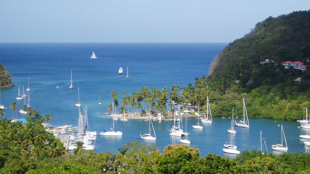 sailboats moored in the bay at St. Lucia island